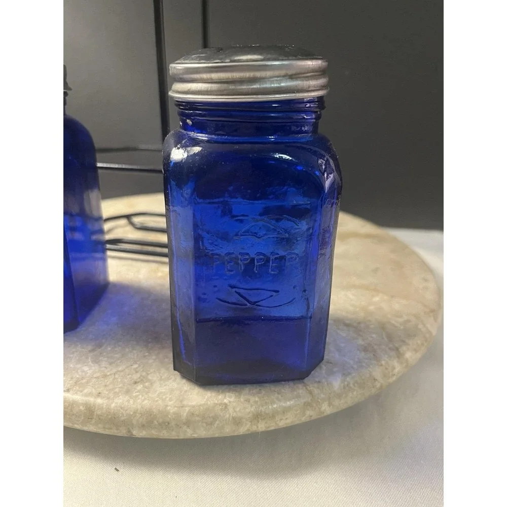 Vintage Cobalt Blue King's Crown Salt and Pepper Shakers with Carry Set